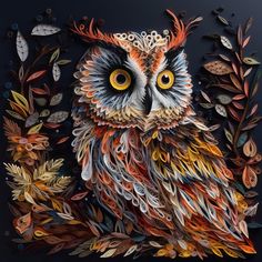 an owl is surrounded by leaves and flowers on a black background, with the eyes open