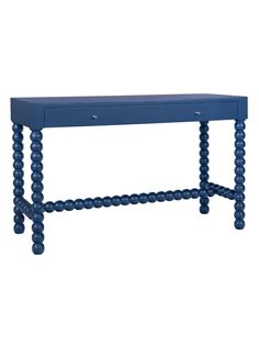 a blue table with three legs and two balls on the top, against a white background