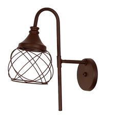 an outdoor wall light with a wire cage on the front and back of it's arm