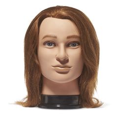 a mannequin's head with long hair and blue eyes