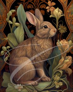 a painting of a brown rabbit surrounded by flowers and leaves on a black background with gold trim