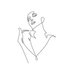 a continuous line drawing of a woman's face with hands on her chest, looking to the side