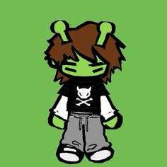 a cartoon character with long hair wearing a black shirt and grey pants, standing in front of a green background