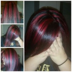 Red And Brown Skunk Stripe Hair, Chunky Highlights Y2k Red, Red Stripes Hair, Cherry Red Chunky Highlights, Red Skunk Stripe Hair, Red And Pink Chunky Highlights, Chunky Red Highlights On Dark Hair, Bright Red Hair Dye