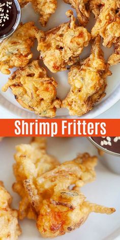 fried shrimp fritters on a white plate with dipping sauce and sesame seeds in the background