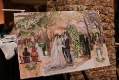 a painting of a bride and groom standing in front of a wedding ceremony