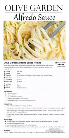 the recipe for olive garden alfredo sauce is shown in this page, which includes an image of