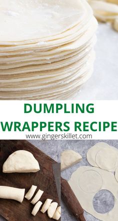 dumpling wrappers and dough on a cutting board