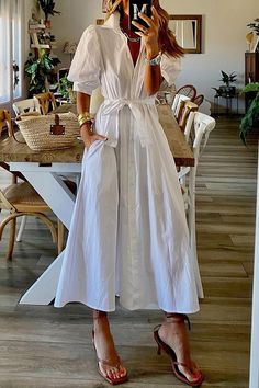 2022 Women Dress, Staud White Midi Dress, Dresses For Travel, Summer Floral Dresses, Shirt Midi Dress, Shirt Collar Styles, Bohemian Dresses, Dress Shirt Sleeves, Midi Shirt Dress