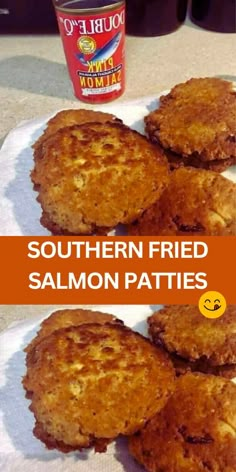 some fried salmon patties are sitting on a towel next to a cup of coffee