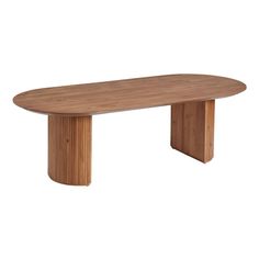 an oval wooden table sitting on top of a white background