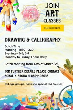 an art class flyer for drawing and calligraphy