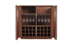 a wooden cabinet with wine glasses in it