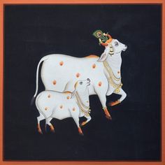 an image of two cows in the middle of a black and orange painting with dots on it