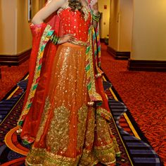 Red Top (Choli) With Dubatta And Orange Lengha (Skirt) Which Has Heavy Sparkle And Gold Thread Embroidery. Custom Made Designer In Size Small. Only Worn Once. Indian Lengha, Red Top, Gold Threads, Custom Made, Designer Dresses, Wedding Dresses, Orange, Womens Dresses, Red