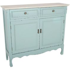 a blue cabinet with two doors and drawers