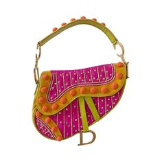 Description: Christian Dior Vintage Embroidered Saddle Bag Details: Fuchsia, Orange, Mustard and Green Mix of Fabric, Leather, Velvet and EmbroideryGold-Tone HardwareSingle Rolled Handles with D InitialEmbroidery and Beads at FrontPocket at Exterior BackOne Compartment with Zipper PocketFlap Closure Measurement Height 19cm / Width 29cm / Depth 5cm Vintage Dior Saddle Bag, Vintage Dior Bag, Vintage Designer Bags, Dior Vintage, Bag Details, Saddle Bag, Saddle Bags