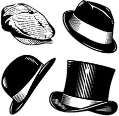 four different hats are shown in this black and white illustration, vintage line drawing or engraving style