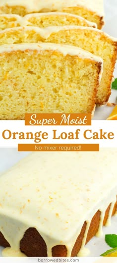 an orange loaf cake with white icing and fresh oranges on the side,