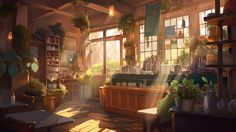 an artist's rendering of a sunlit room with potted plants on the windows