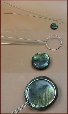 three different pictures of some kind of metal wire and glass cabochons on a table