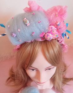 Adorable Cotton Candy Headband/Hairpiece will be the talk of your next party or event! 🥳  The Matching Cotton Candy Bouquet is Sold Separately in my Shop 🎉 This can be sized for an Adult or a Child. 🎉 The Headband has a larger cotton Candy in light blue on your right side with a smaller one in Pink on your left side.  NOTE: You Can Choose Different Colors for the Cotton Candies 🎉 This one sits approximately 4 inches high on the head. 🎉 There are Colorful Sprinkles on both cotton Candies, as well as, on the pink ruffle ribbon attached on the sides of the band. 🎉 You'll find Candy Charms on the Cotton Candy too! This was a Custom order and she wanted it Shiny so there is Chunky colorful Glitter throughout, however, you can choose NO Glitter at Checkout if you'd prefer.  Please NOTE the Candy Headband, Cotton Candy Costume, Miss Candy, Candy Clothes, Candy Charms, Cotton Candy Hair, Candy Makeup, Candy Costumes, Girl Bday Party