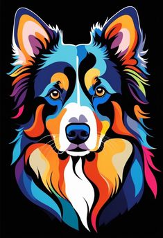 a colorful dog is shown in the middle of a black background with an orange, yellow, and blue border collie's face