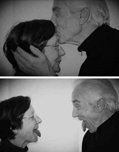 two pictures of an older man and woman kissing each other with their mouths wide open