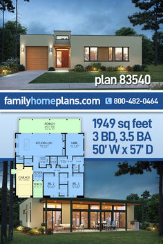 A 3 bedroom, 3.5 bathroom modern house plan that offers 1,949 square feet of heated living space and a 1 car front load garage. Natural light beckons you into the living space because of several large glass doors which are topped with upper windows too. The living space is massive at 35.5 feet wide by 16 feet deep. On one side we have a fireplace which is surrounded by built-in shelves. Plus, we have a walk-in pantry measuring 5' wide by 5'8 deep. Ranch Style Floor Plan, Ranch Style Floor Plans, Slope Roof, Roof Pitch, Flat Roof House, Small House Floor Plans, Modern Ranch