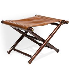 an old wooden folding stool with leather seat padding on the bottom and two legs