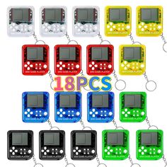 the electronic keychain has eight different colors and designs on it, including an lcd screen