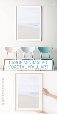 three chairs are shown with the text large minimalist coastal wall art