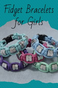 four bracelets with metal clasps on them and the words fidget bracelets for girls