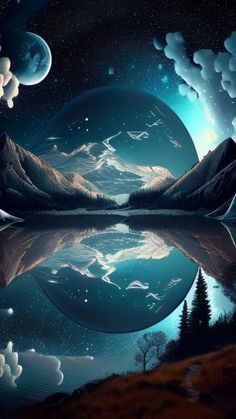 the night sky with clouds and mountains reflected in water