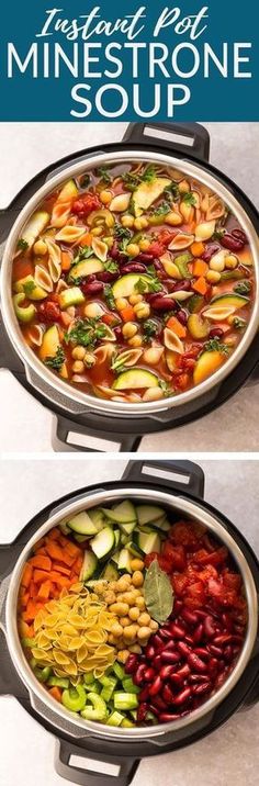 two pans filled with different types of pasta and vegetables, one in the process of cooking