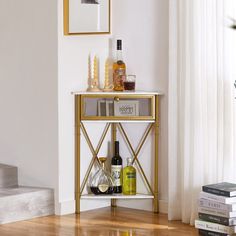 there is a shelf with bottles on it in the living room next to some books