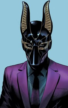 a man in a purple suit with horns on his head and wearing a black mask