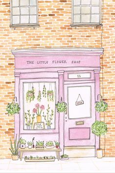 little flower shop watercolour painting by artist Emma Holmes. Tools and equipment for how to paint these. Pink and plants and brick. Fine liner Building Portrait, Watercolour Palette, Pretty Paintings, Poster Diy, Storybook Art, Watercolor Projects, Watercolour Inspiration, Architecture Drawing Art, Cottage Art