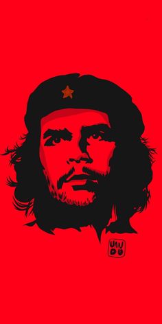 a red background with a black and white image of che gup