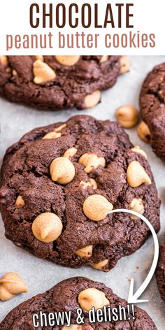 chocolate peanut butter cookies on parchment paper with text overlay that reads, how to make chocolate peanut butter cookies chewy & delish