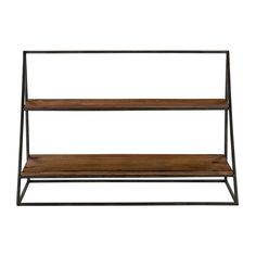 the three tiered shelf is made from metal and wood, with two shelves on each side