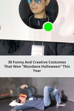 a man with sunglasses on his head laying down next to a sign that says funny and creative costumes that won't halloween this year