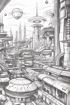 a black and white drawing of a futuristic city