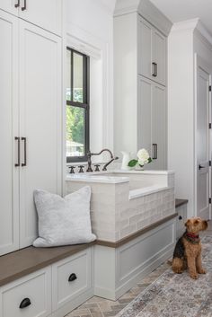 a dog sitting on the floor in front of a kitchen sink and counter with white cabinets