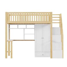 a wooden bunk bed with drawers underneath it and a white cabinet under the bed below