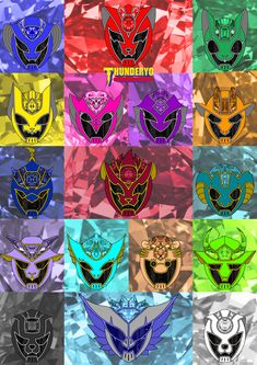 several different colored masks with the words thunder on them