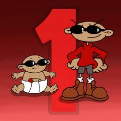 the cartoon characters are standing next to each other in front of a red number one