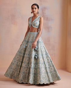 Ice Blue Lehenga, Modern Blouse, Lehenga And Blouse, Mirror Work Lehenga, Blue Organza, Blue Lehenga, Vacuum Storage, Lehenga Blouse, Ghagra Choli