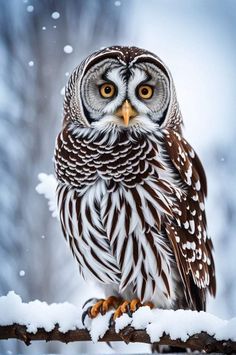 an owl sitting on top of a snow covered branch in front of the camera lens