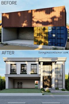 the before and after pictures of a house with metal siding on it's side